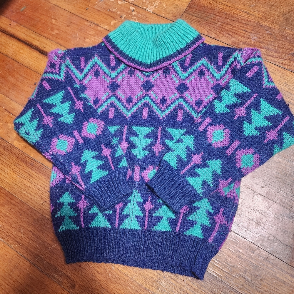 80s Vintage Blue Green Purple Geometric Shape Toddler 2t Cotton Outfit Set Trees - Picture 2 of 7